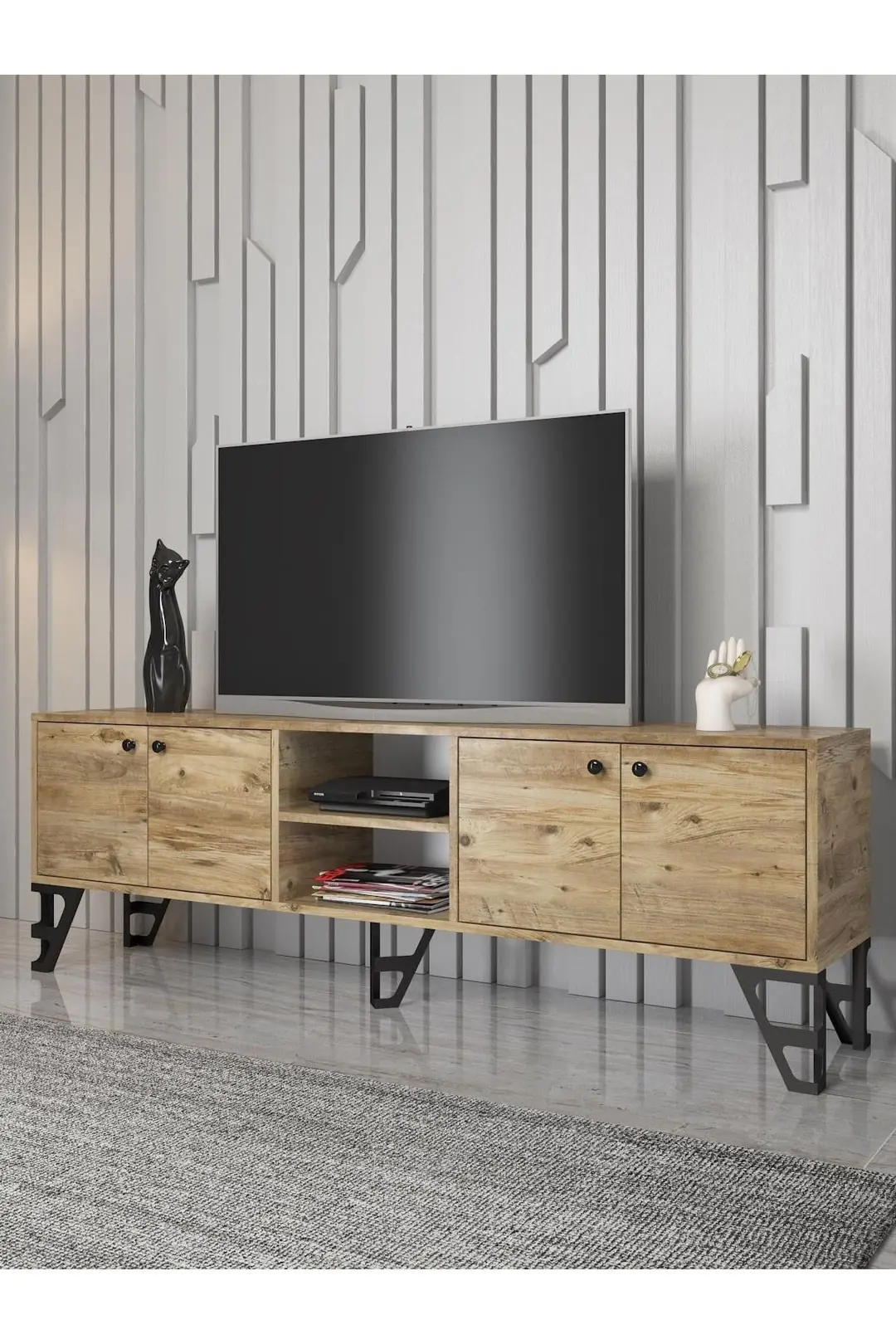 Sofia 180 Cm Metal Ayaklı Tv Ünitesi - Atlantik Çam / Siyah